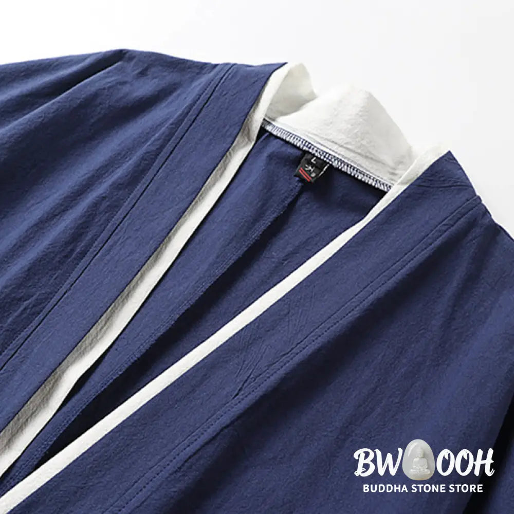 Buddha Stones Fake Two-piece Men’s Half Sleeve Cardigan Embroidery Hanfu Comfort Cotton Kimono - Men’s Kimono