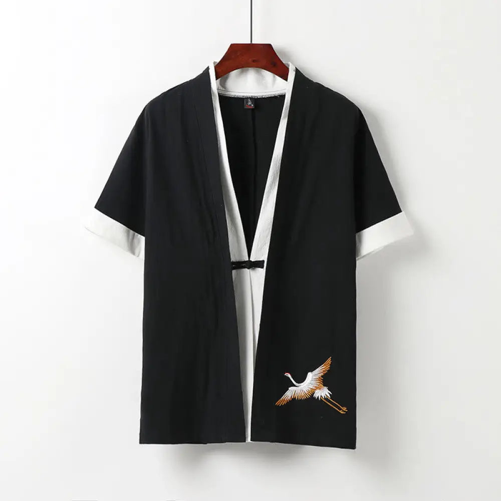 Buddha Stones Fake Two-piece Men’s Half Sleeve Cardigan Embroidery Hanfu Comfort Cotton Kimono - Black
