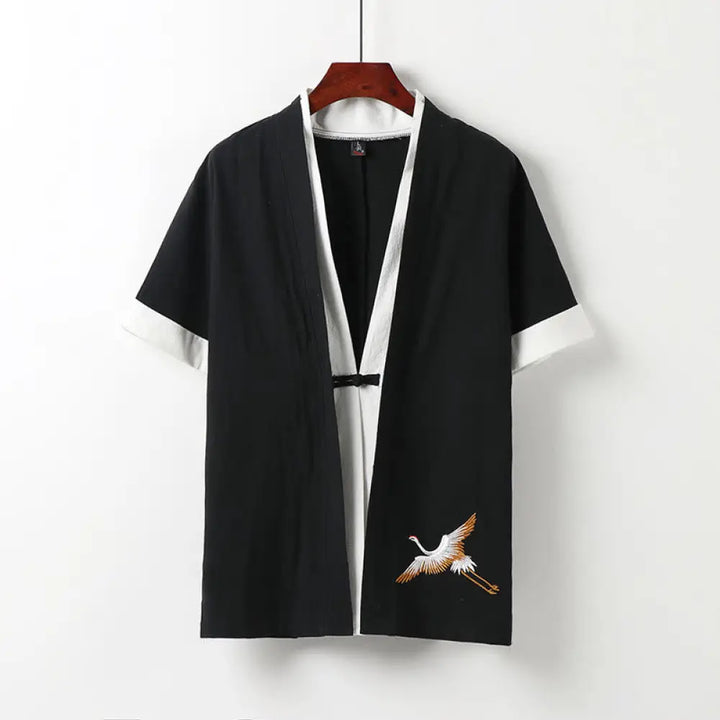 Buddha Stones Fake Two-piece Men’s Half Sleeve Cardigan Embroidery Hanfu Comfort Cotton Kimono - Black