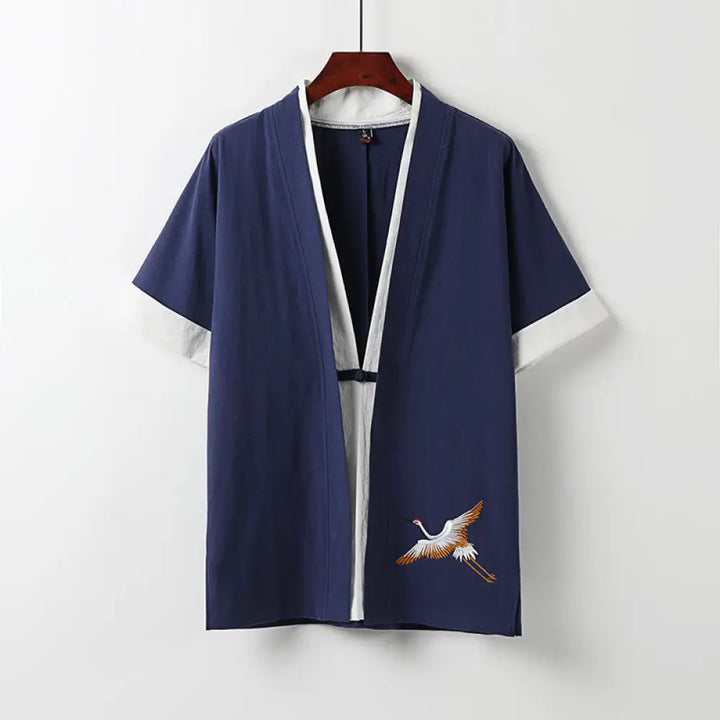 Buddha Stones Fake Two-piece Men’s Half Sleeve Cardigan Embroidery Hanfu Comfort Cotton Kimono - DarkBlue