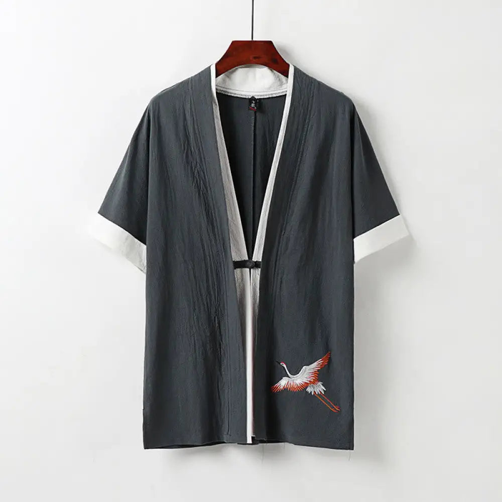 Buddha Stones Fake Two-piece Men’s Half Sleeve Cardigan Embroidery Hanfu Comfort Cotton Kimono - Gray / US/UK/AU34，EU44