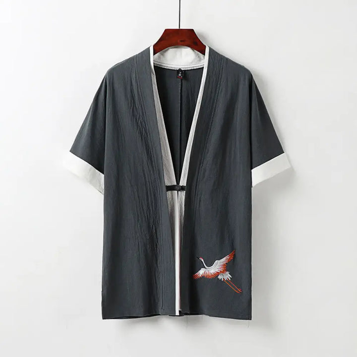 Buddha Stones Fake Two-piece Men’s Half Sleeve Cardigan Embroidery Hanfu Comfort Cotton Kimono - Gray / US/UK/AU34，EU44