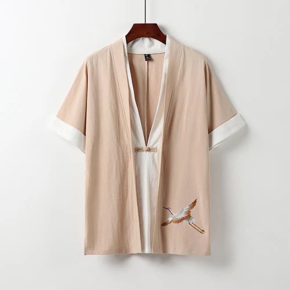 Buddha Stones Fake Two-piece Men’s Half Sleeve Cardigan Embroidery Hanfu Comfort Cotton Kimono - PeachPuff