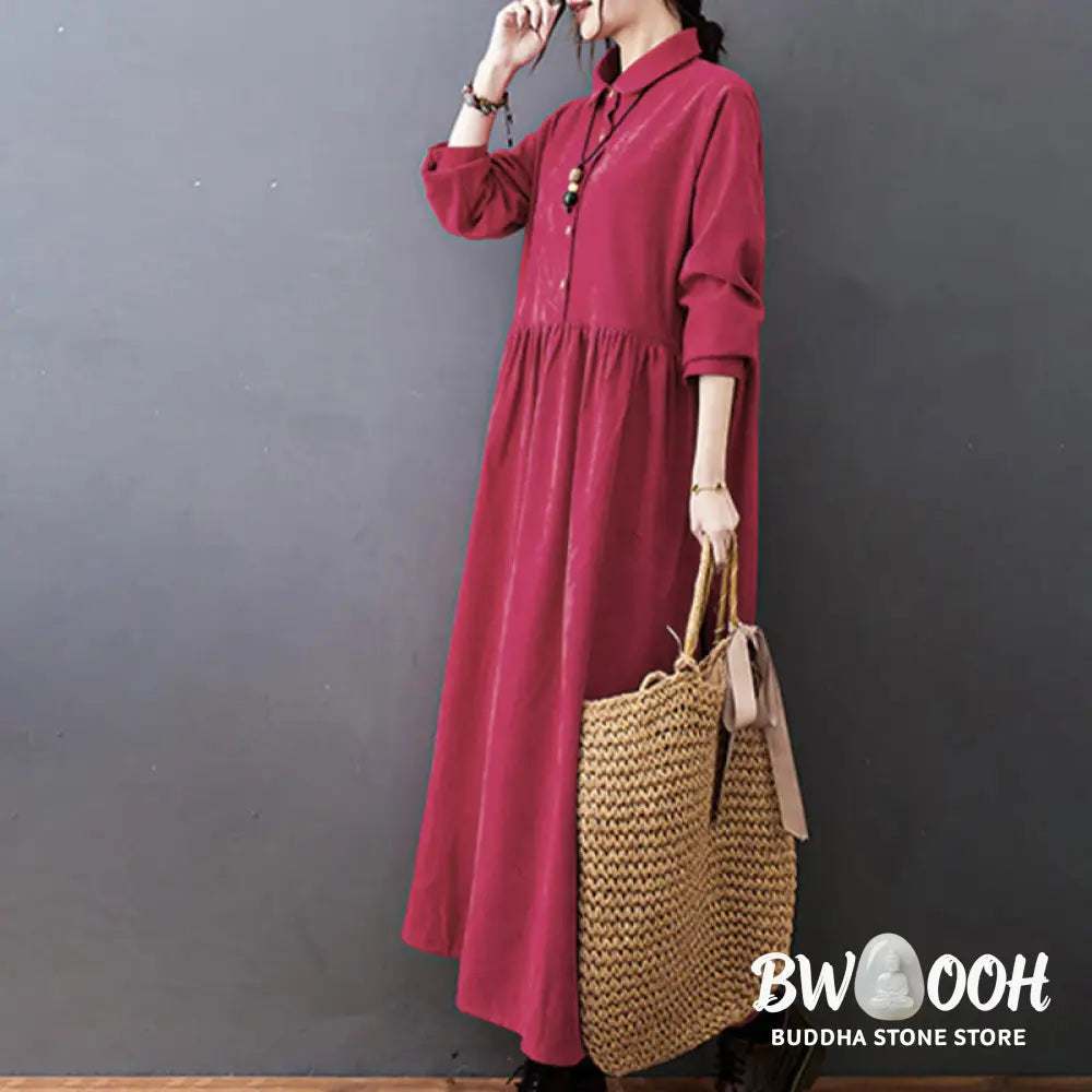 Buddha Stones Fall Buttons Design Long Sleeve Cotton Corduroy Midi Dress With Pockets - Midi Dress
