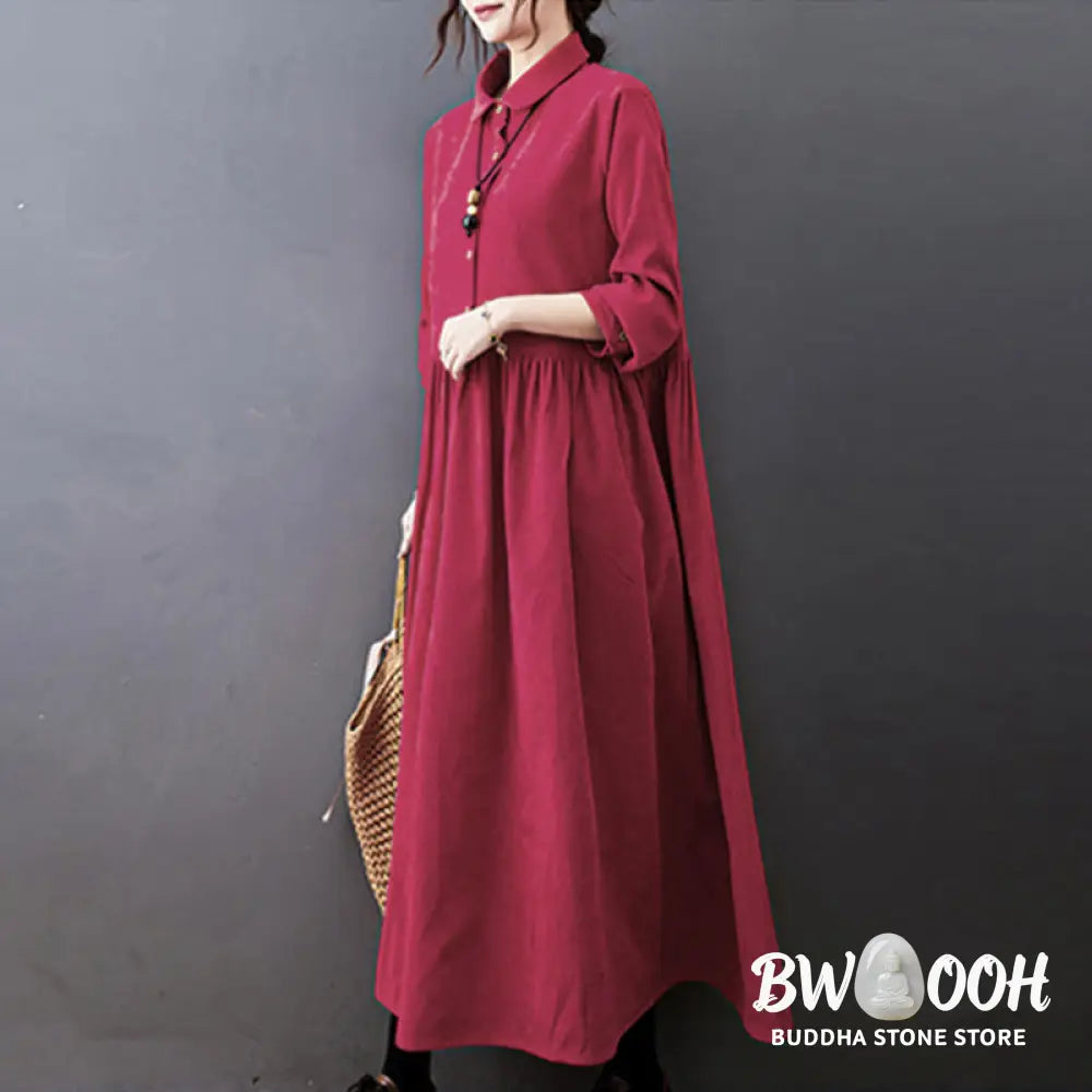 Buddha Stones Fall Buttons Design Long Sleeve Cotton Corduroy Midi Dress With Pockets - Midi Dress