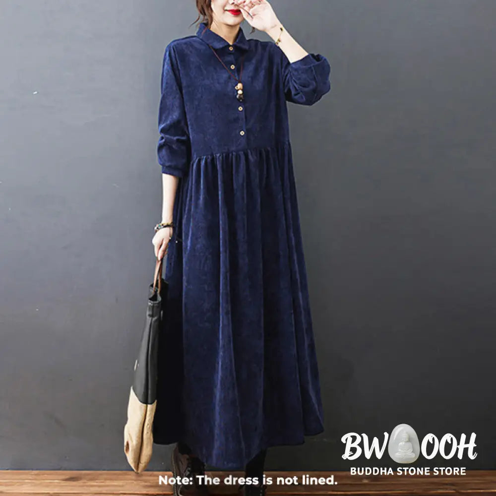 Buddha Stones Fall Buttons Design Long Sleeve Cotton Corduroy Midi Dress With Pockets - Midi Dress