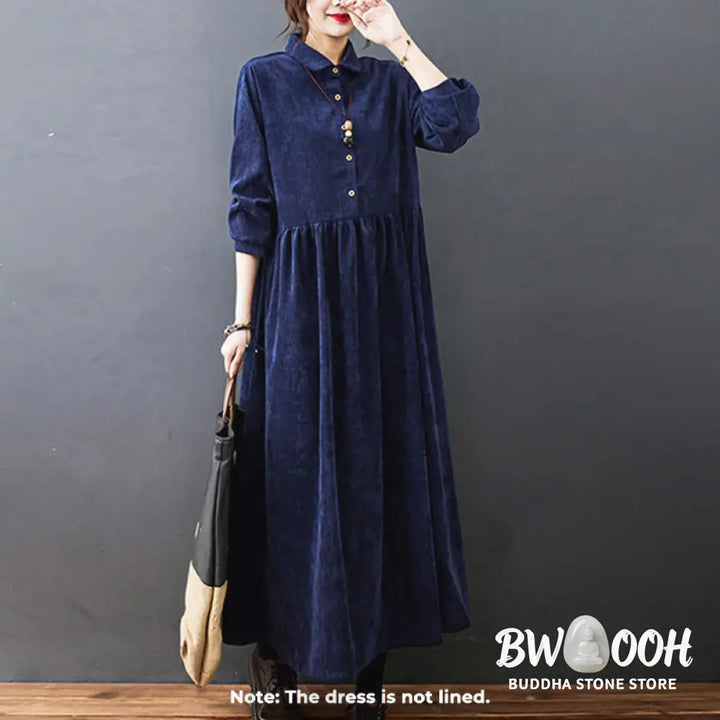 Buddha Stones Fall Buttons Design Long Sleeve Cotton Corduroy Midi Dress With Pockets - Midi Dress