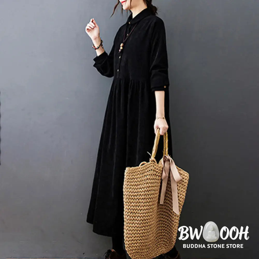 Buddha Stones Fall Buttons Design Long Sleeve Cotton Corduroy Midi Dress With Pockets - Midi Dress