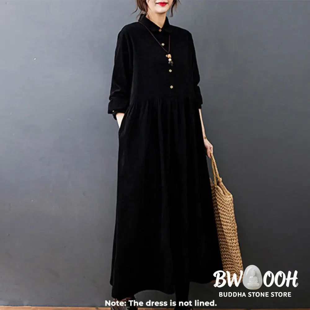 Buddha Stones Fall Buttons Design Long Sleeve Cotton Corduroy Midi Dress With Pockets - Midi Dress