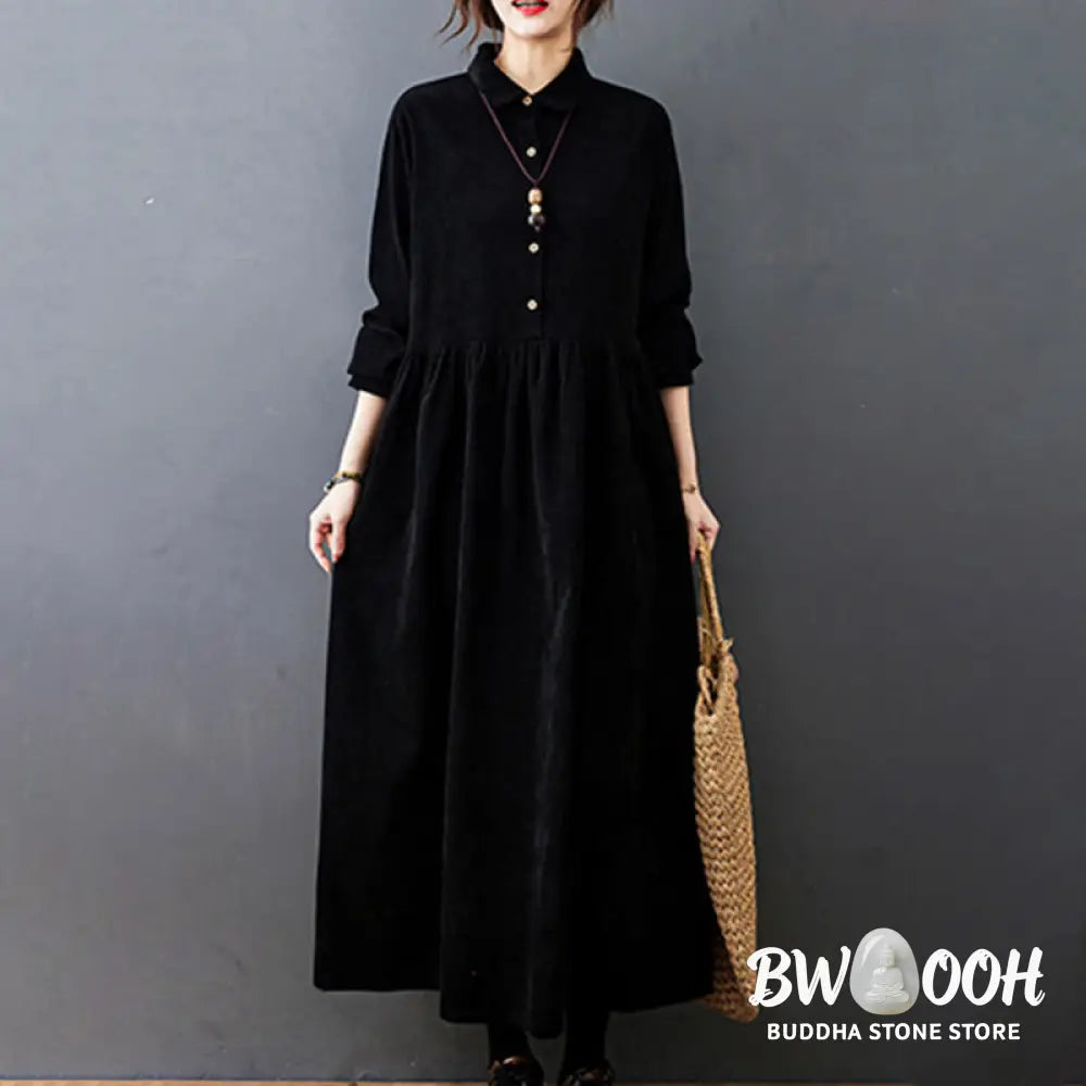 Buddha Stones Fall Buttons Design Long Sleeve Cotton Corduroy Midi Dress With Pockets - Midi Dress