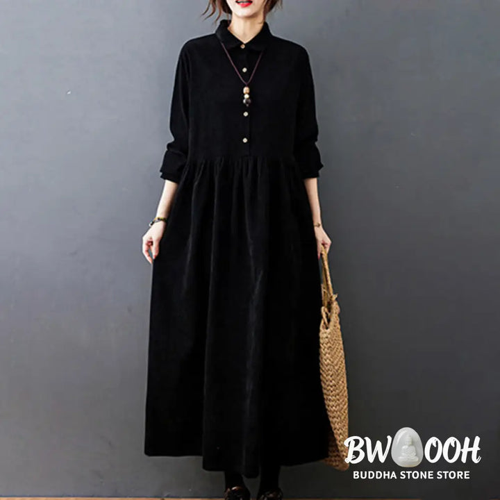 Buddha Stones Fall Buttons Design Long Sleeve Cotton Corduroy Midi Dress With Pockets - Midi Dress