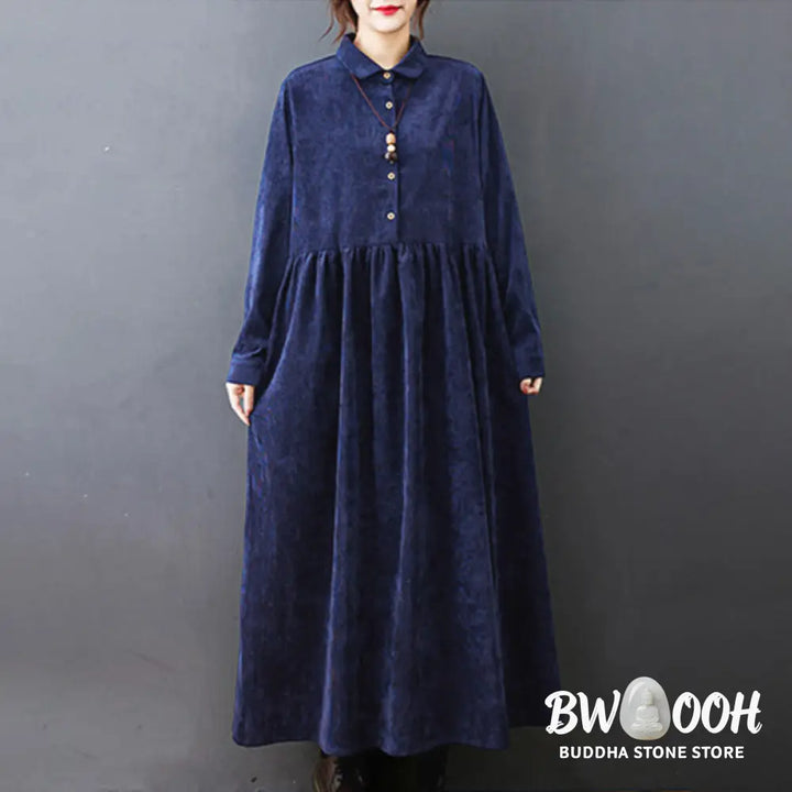 Buddha Stones Fall Buttons Design Long Sleeve Cotton Corduroy Midi Dress With Pockets - Midi Dress