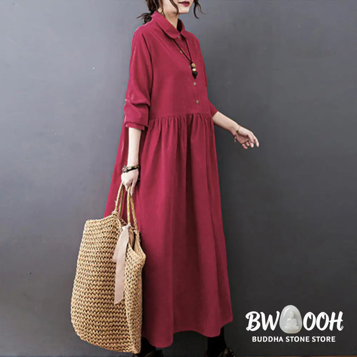 Buddha Stones Fall Buttons Design Long Sleeve Cotton Corduroy Midi Dress With Pockets - Midi Dress