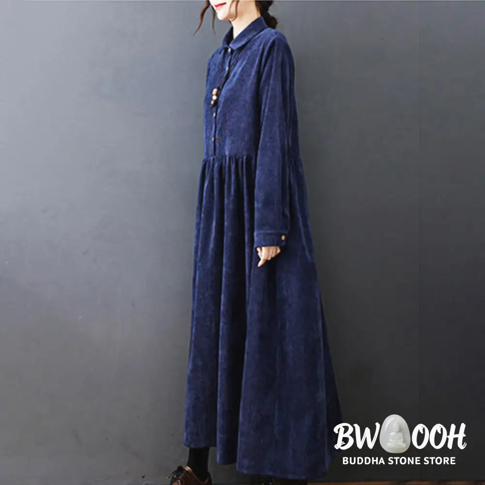 Buddha Stones Fall Buttons Design Long Sleeve Cotton Corduroy Midi Dress With Pockets - Midi Dress