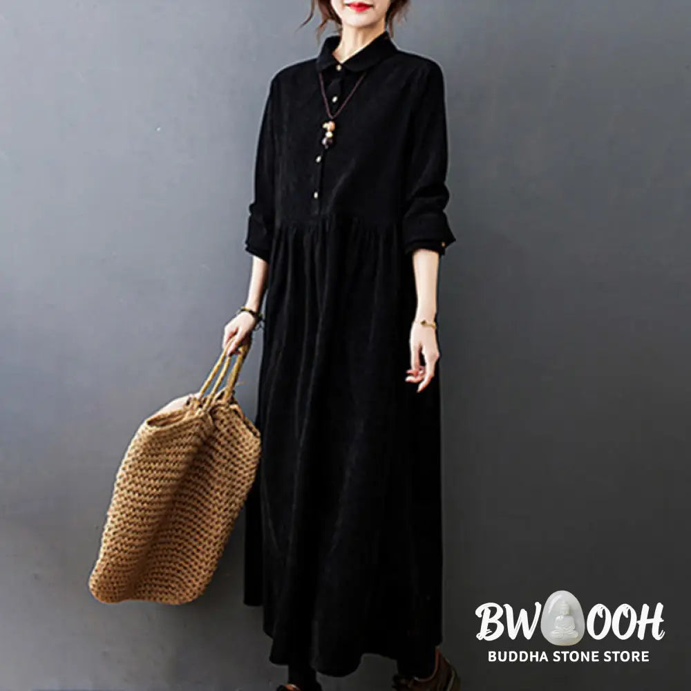 Buddha Stones Fall Buttons Design Long Sleeve Cotton Corduroy Midi Dress With Pockets - Midi Dress