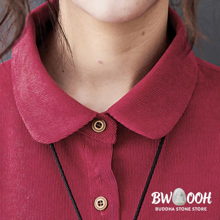 Buddha Stones Fall Buttons Design Long Sleeve Cotton Corduroy Midi Dress With Pockets - Midi Dress