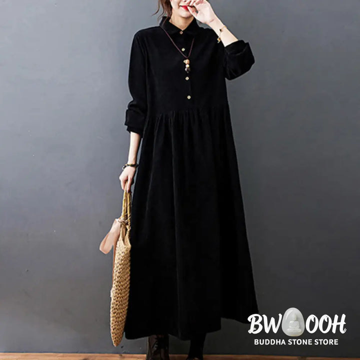 Buddha Stones Fall Buttons Design Long Sleeve Cotton Corduroy Midi Dress With Pockets - Midi Dress