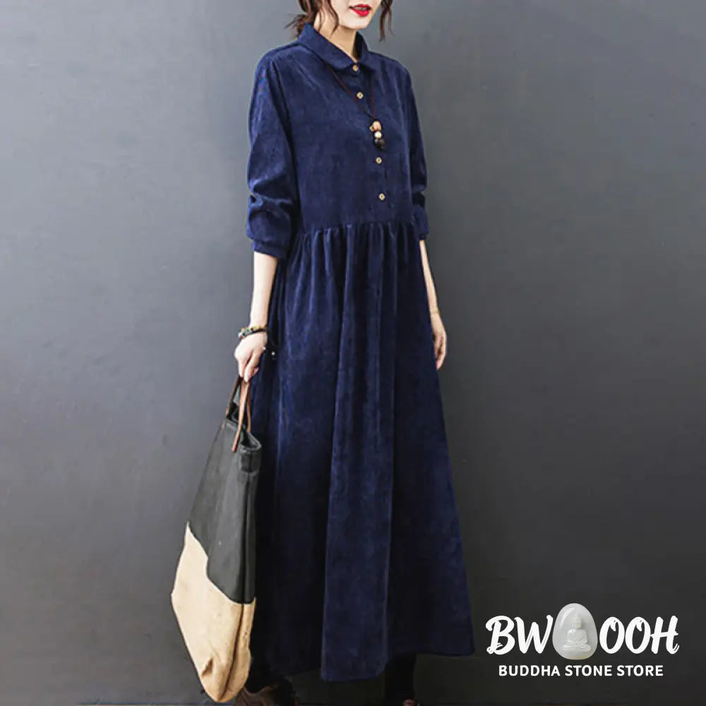Buddha Stones Fall Buttons Design Long Sleeve Cotton Corduroy Midi Dress With Pockets - Midi Dress