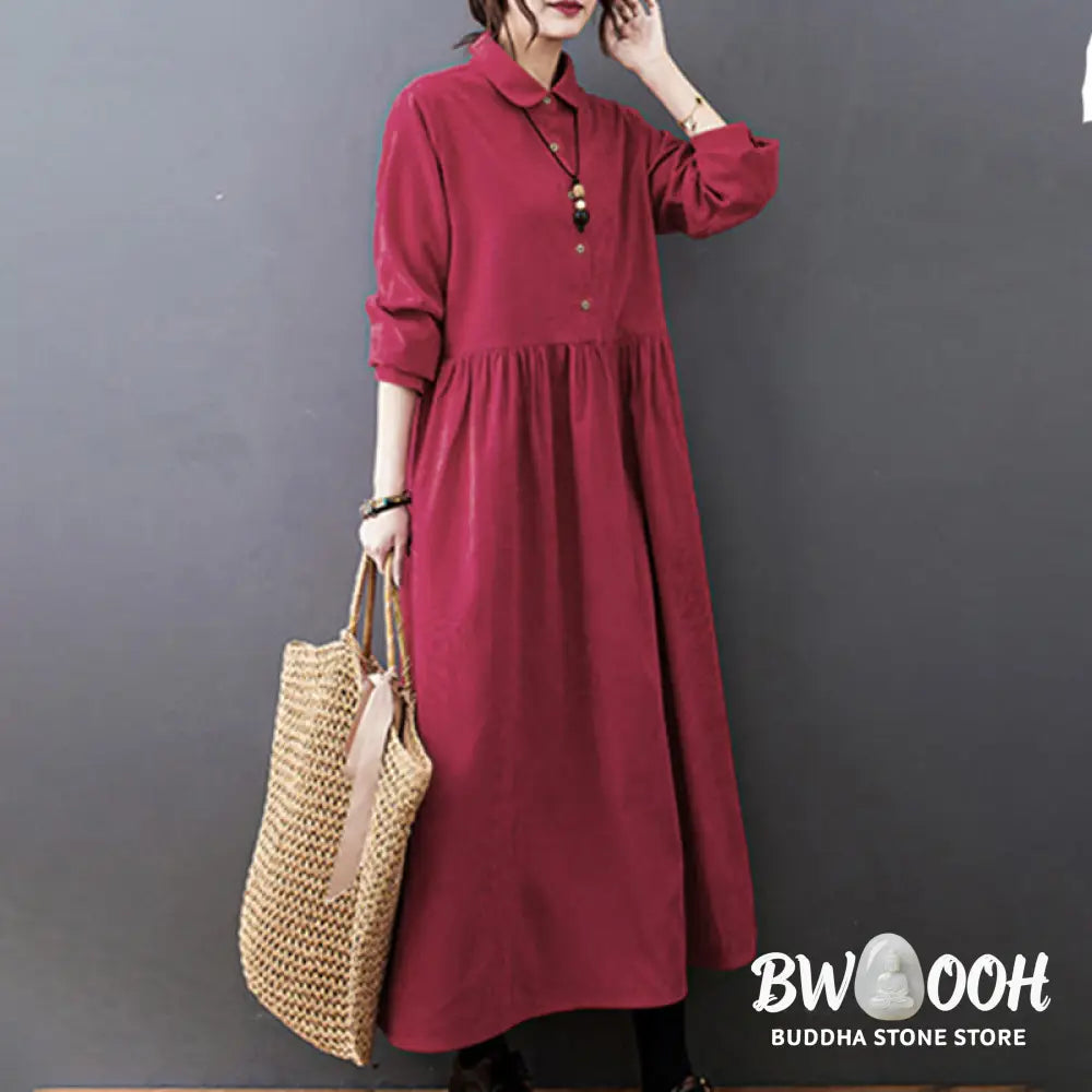 Buddha Stones Fall Buttons Design Long Sleeve Cotton Corduroy Midi Dress With Pockets - Midi Dress