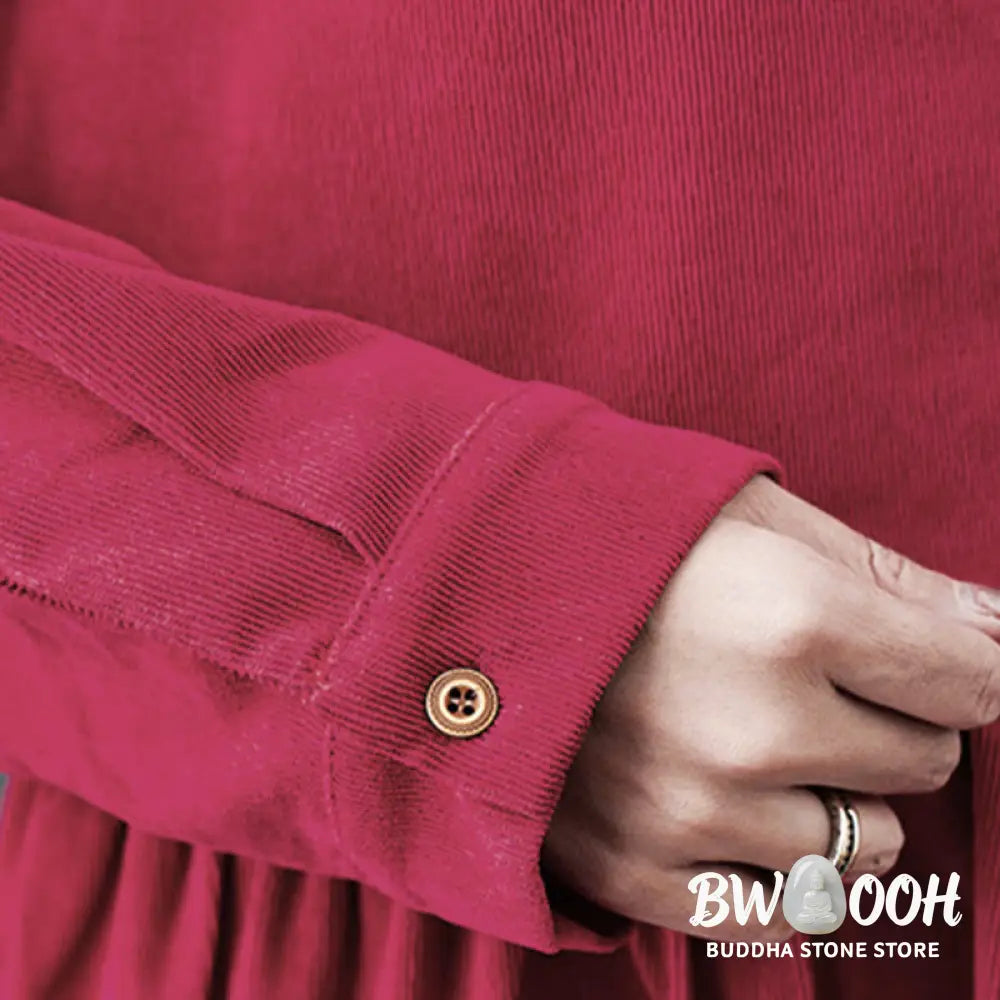 Buddha Stones Fall Buttons Design Long Sleeve Cotton Corduroy Midi Dress With Pockets - Midi Dress