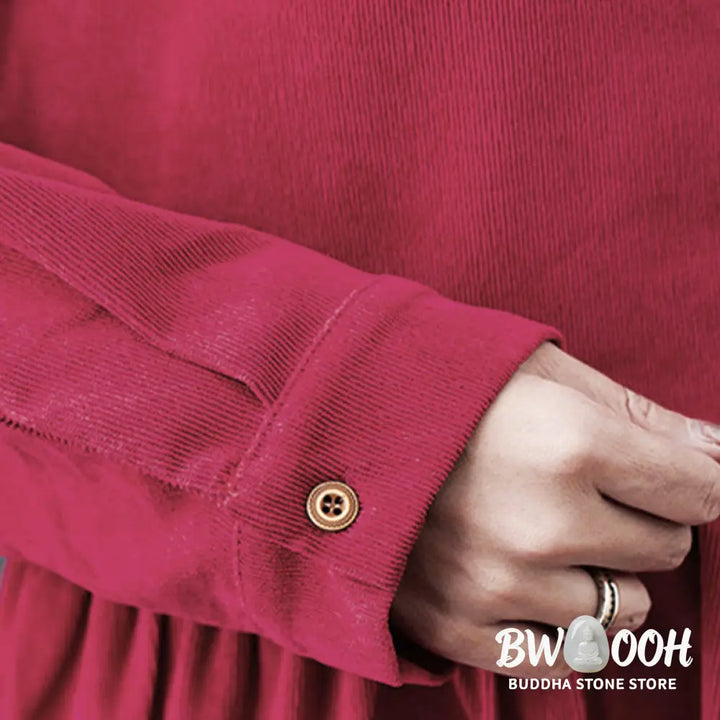 Buddha Stones Fall Buttons Design Long Sleeve Cotton Corduroy Midi Dress With Pockets - Midi Dress