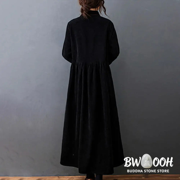 Buddha Stones Fall Buttons Design Long Sleeve Cotton Corduroy Midi Dress With Pockets - Midi Dress