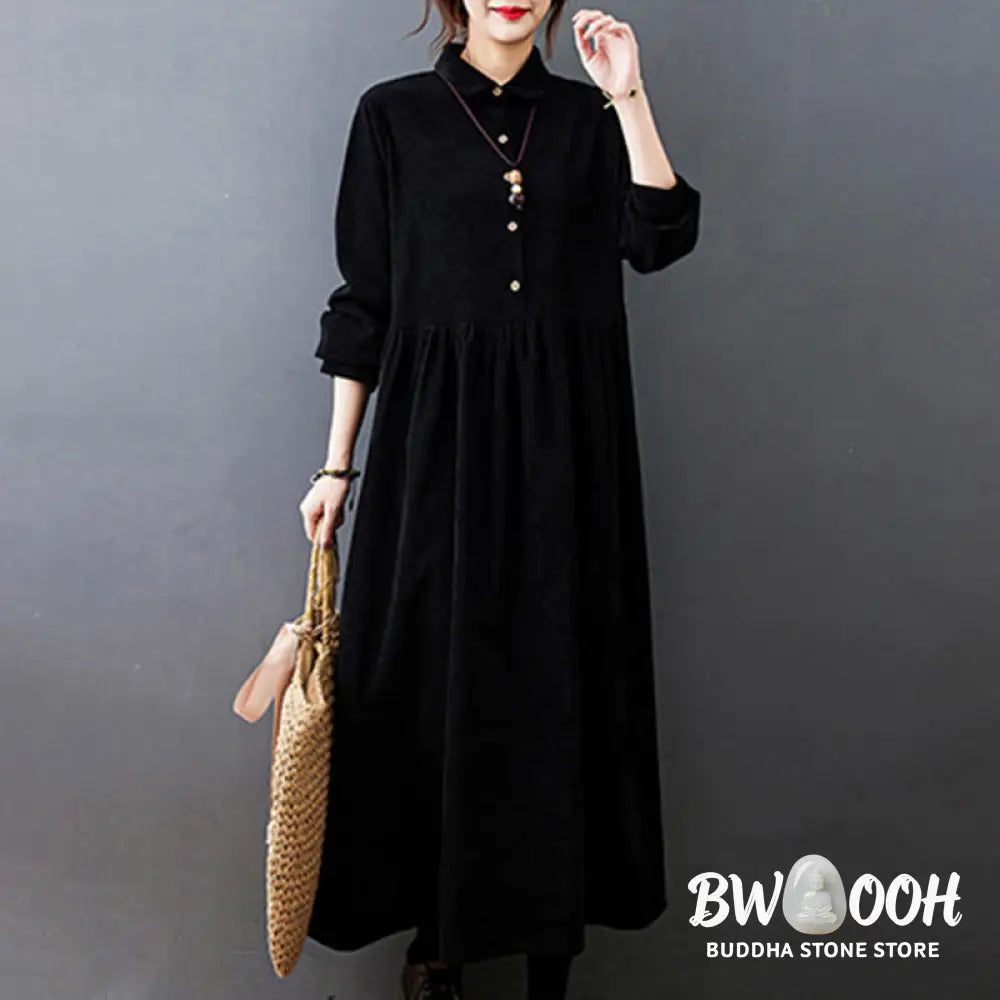 Buddha Stones Fall Buttons Design Long Sleeve Cotton Corduroy Midi Dress With Pockets - Midi Dress