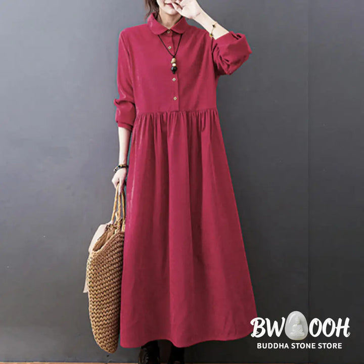 Buddha Stones Fall Buttons Design Long Sleeve Cotton Corduroy Midi Dress With Pockets - Midi Dress