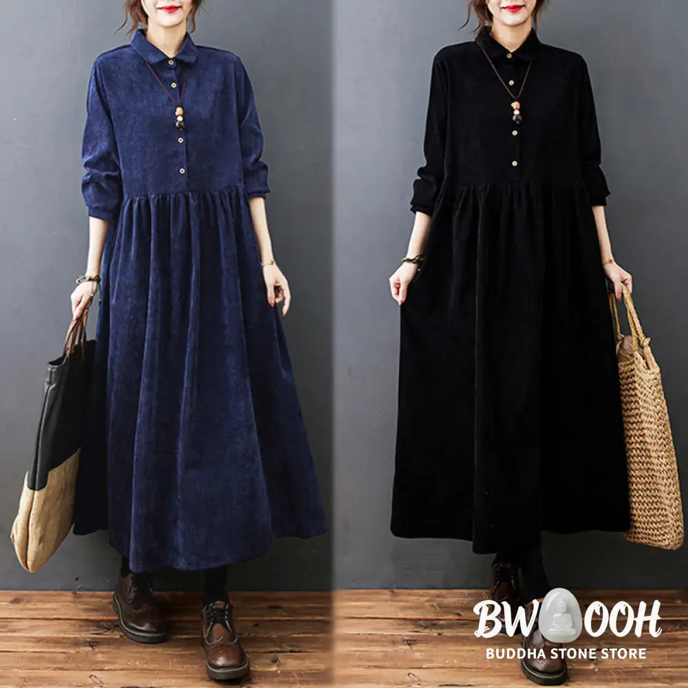 Buddha Stones Fall Buttons Design Long Sleeve Cotton Corduroy Midi Dress With Pockets - Midi Dress