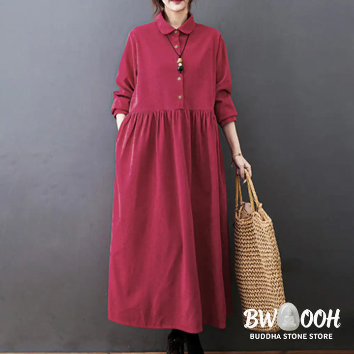 Buddha Stones Fall Buttons Design Long Sleeve Cotton Corduroy Midi Dress With Pockets - Midi Dress