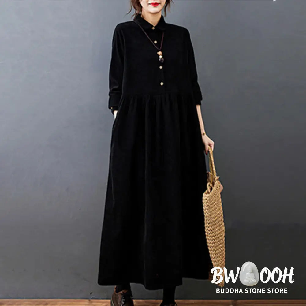 Buddha Stones Fall Buttons Design Long Sleeve Cotton Corduroy Midi Dress With Pockets - Midi Dress