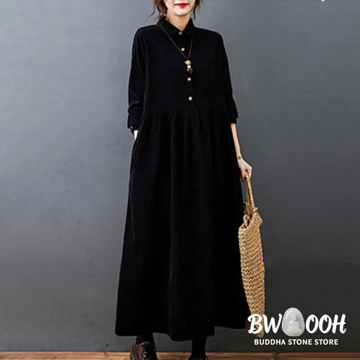 Buddha Stones Fall Buttons Design Long Sleeve Cotton Corduroy Midi Dress With Pockets - Midi Dress