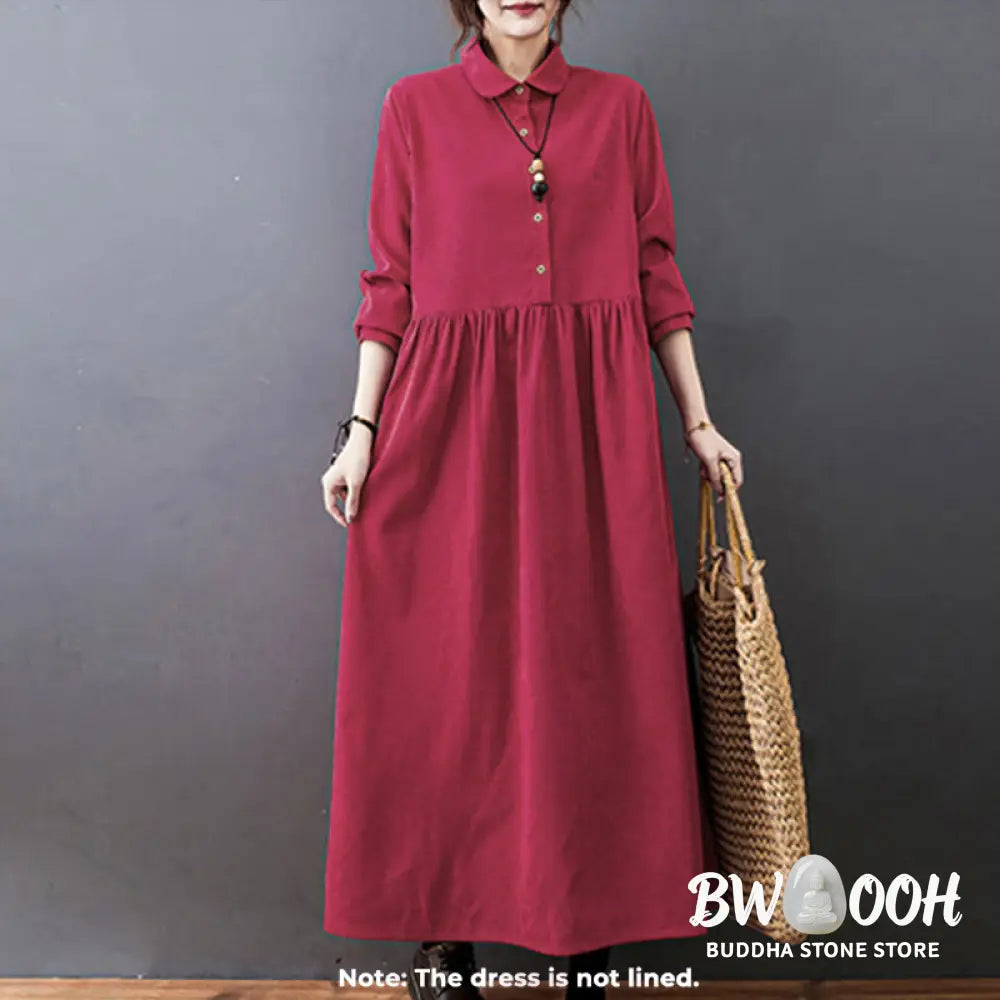 Buddha Stones Fall Buttons Design Long Sleeve Cotton Corduroy Midi Dress With Pockets - Midi Dress