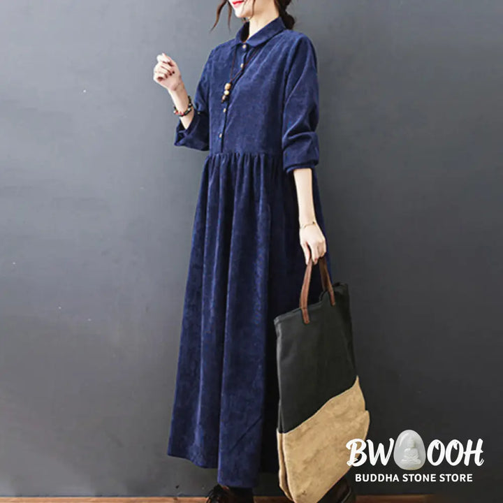 Buddha Stones Fall Buttons Design Long Sleeve Cotton Corduroy Midi Dress With Pockets - Midi Dress