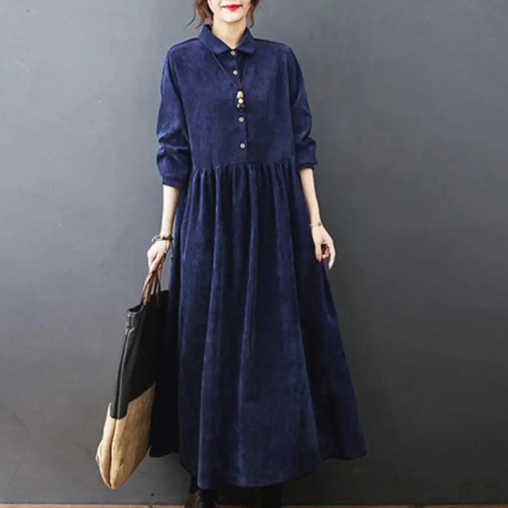 Buddha Stones Fall Buttons Design Long Sleeve Cotton Corduroy Midi Dress With Pockets - MidnightBlue / US4，UK/AU8，EU36
