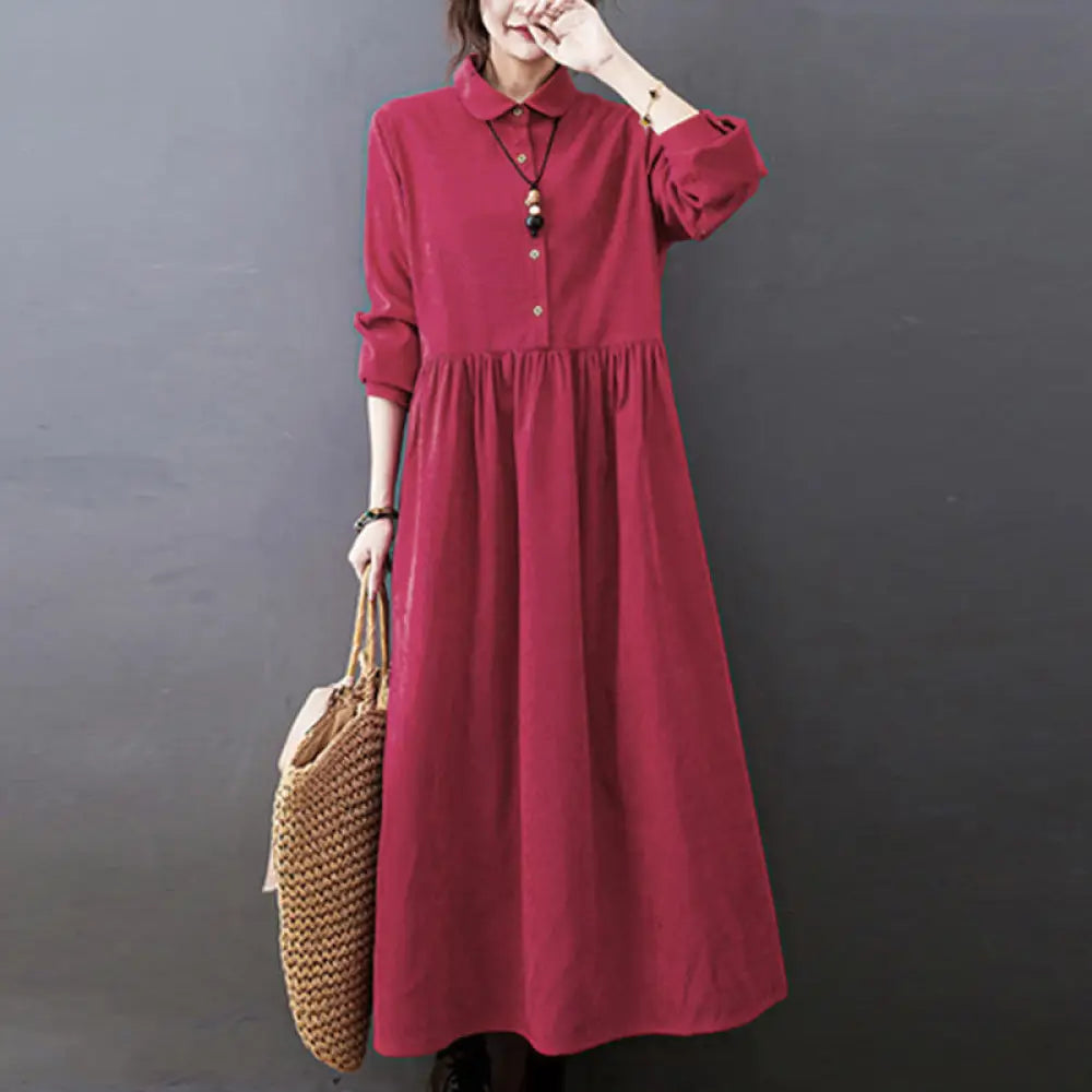 Buddha Stones Fall Buttons Design Long Sleeve Cotton Corduroy Midi Dress With Pockets - Red / US4，UK/AU8，EU36 (L)