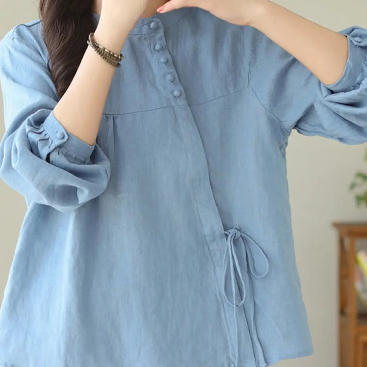Buddha Stones Fall Casual Solid Color Stand Collar Long Sleeve Cotton Linen Women’s Shirt - LightSkyBlue