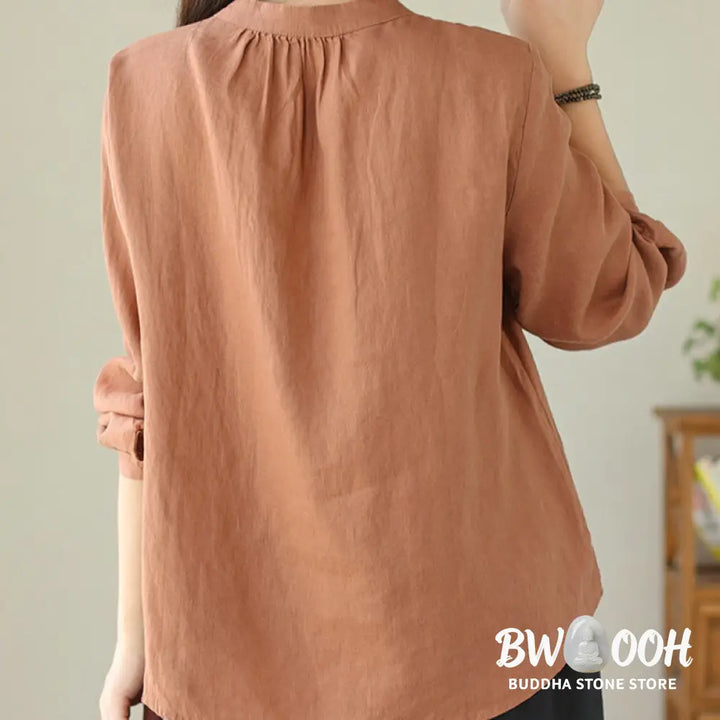 Buddha Stones Fall Casual Solid Color Stand Collar Long Sleeve Cotton Linen Women’s Shirt - Women’s Shirts