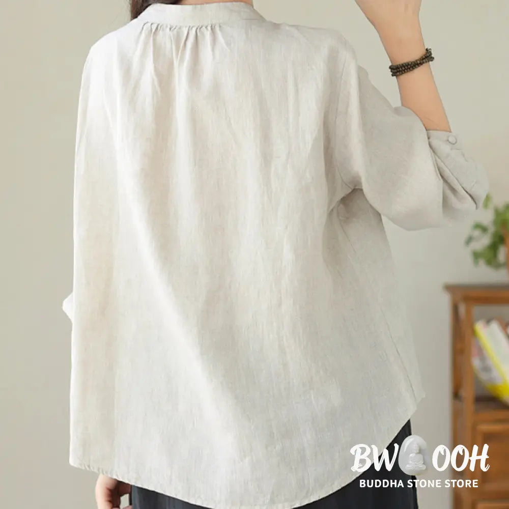 Buddha Stones Fall Casual Solid Color Stand Collar Long Sleeve Cotton Linen Women’s Shirt - Women’s Shirts