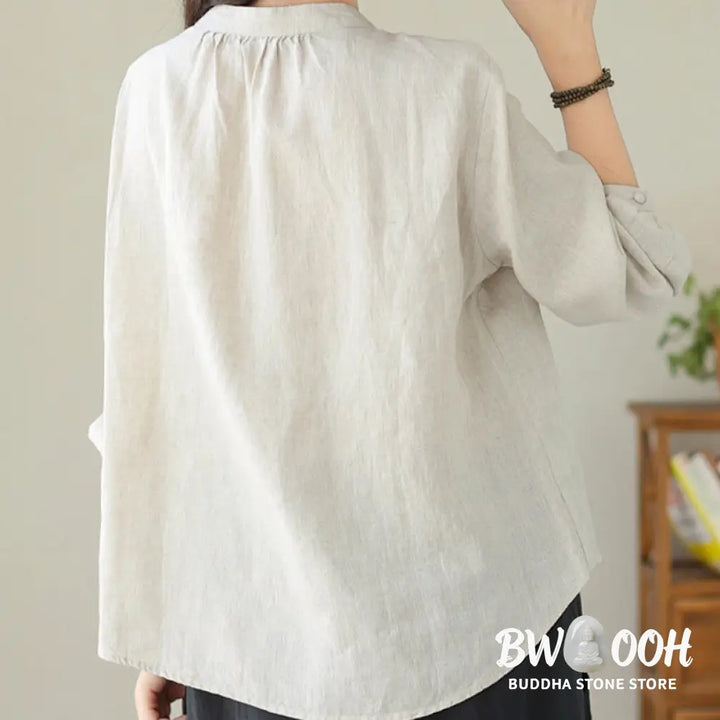 Buddha Stones Fall Casual Solid Color Stand Collar Long Sleeve Cotton Linen Women’s Shirt - Women’s Shirts