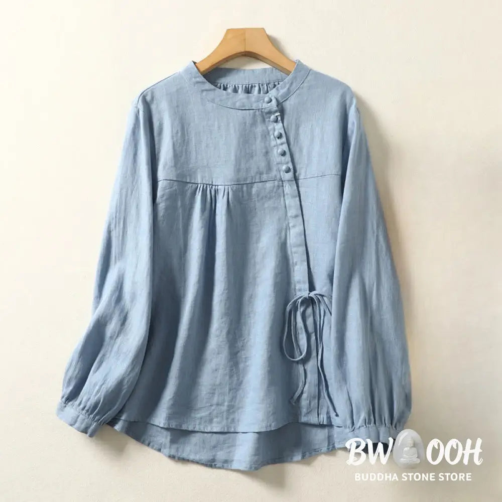 Buddha Stones Fall Casual Solid Color Stand Collar Long Sleeve Cotton Linen Women’s Shirt - Women’s Shirts