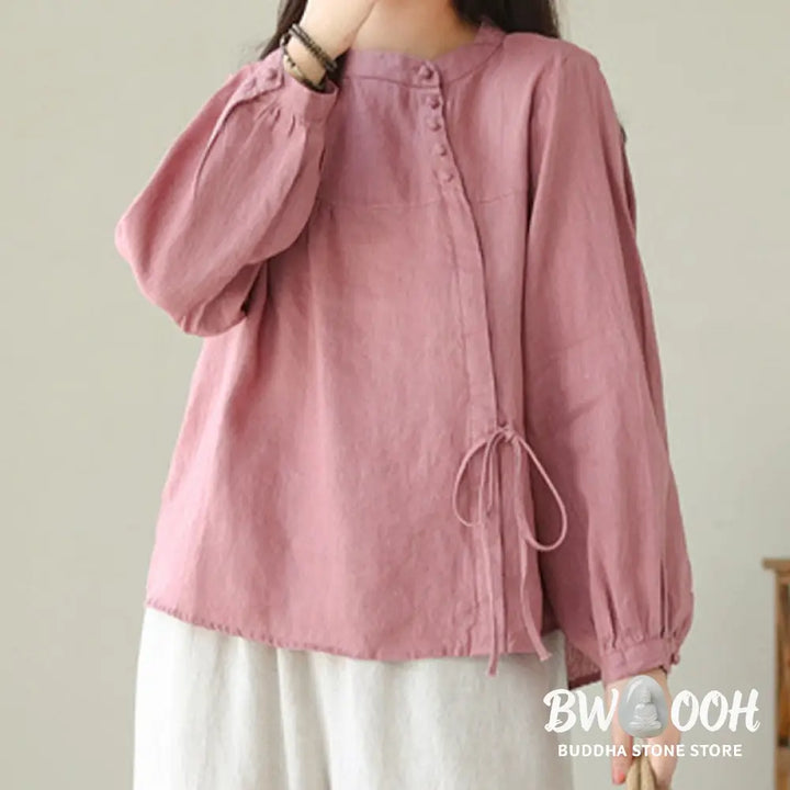 Buddha Stones Fall Casual Solid Color Stand Collar Long Sleeve Cotton Linen Women’s Shirt - Women’s Shirts