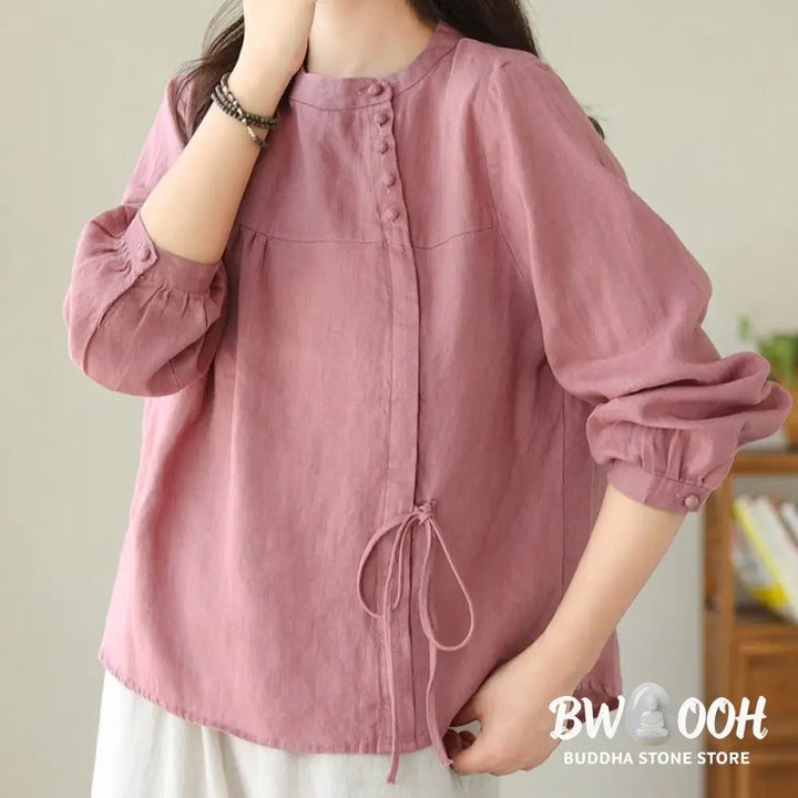 Buddha Stones Fall Casual Solid Color Stand Collar Long Sleeve Cotton Linen Women’s Shirt - Women’s Shirts
