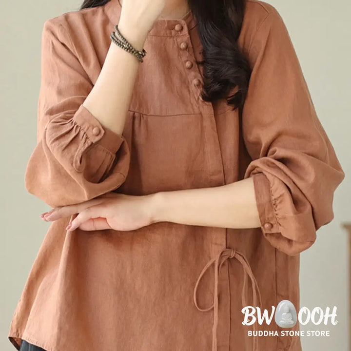 Buddha Stones Fall Casual Solid Color Stand Collar Long Sleeve Cotton Linen Women’s Shirt - Women’s Shirts