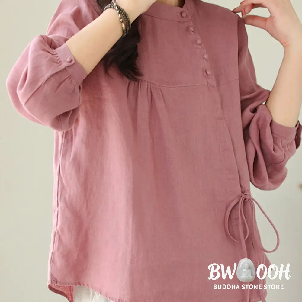Buddha Stones Fall Casual Solid Color Stand Collar Long Sleeve Cotton Linen Women’s Shirt - Women’s Shirts