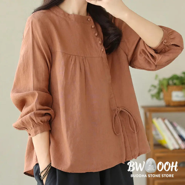 Buddha Stones Fall Casual Solid Color Stand Collar Long Sleeve Cotton Linen Women’s Shirt - Women’s Shirts