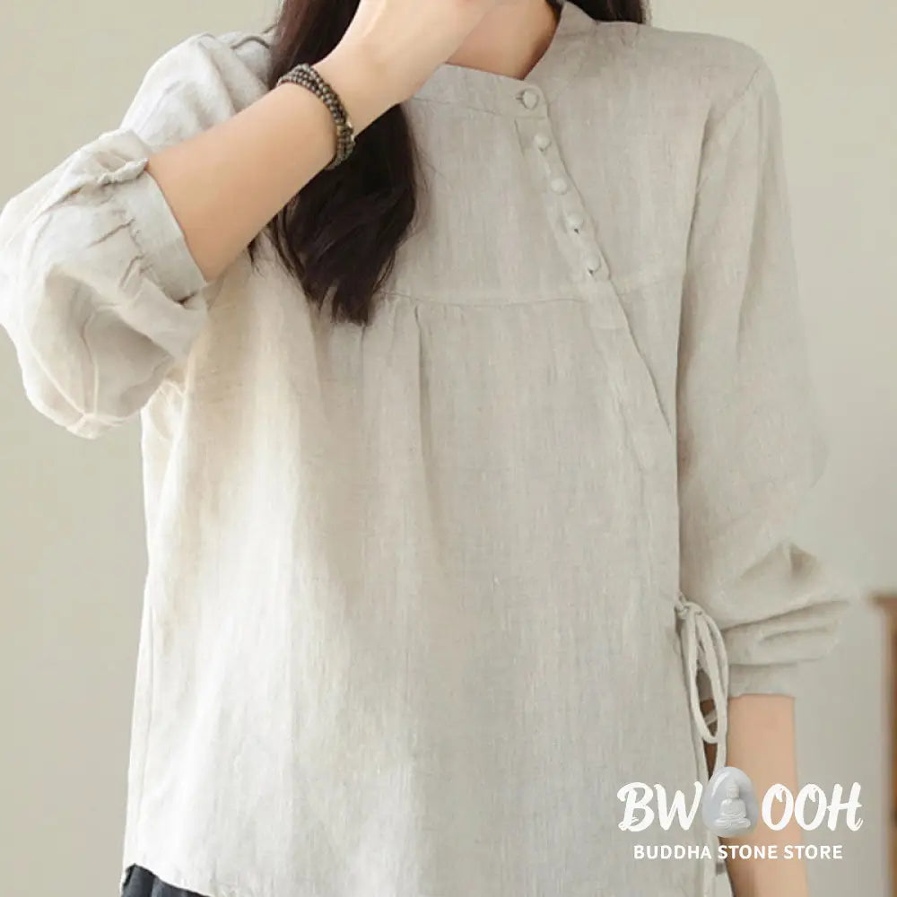 Buddha Stones Fall Casual Solid Color Stand Collar Long Sleeve Cotton Linen Women’s Shirt - Women’s Shirts