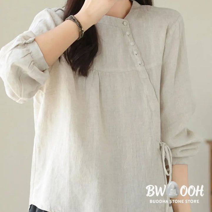 Buddha Stones Fall Casual Solid Color Stand Collar Long Sleeve Cotton Linen Women’s Shirt - Women’s Shirts