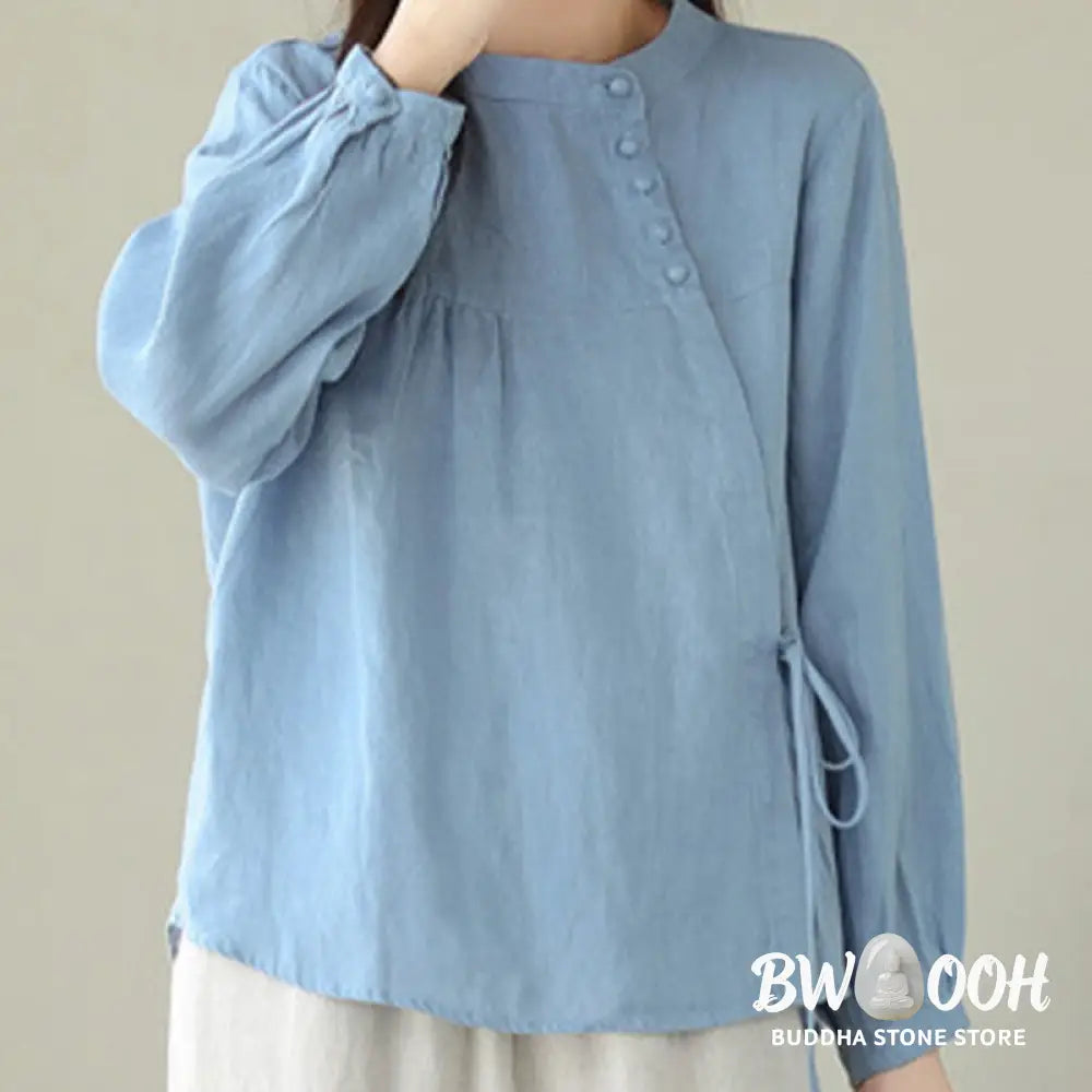 Buddha Stones Fall Casual Solid Color Stand Collar Long Sleeve Cotton Linen Women’s Shirt - Women’s Shirts
