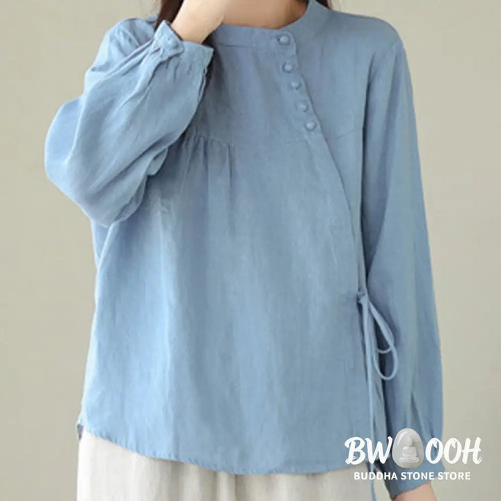 Buddha Stones Fall Casual Solid Color Stand Collar Long Sleeve Cotton Linen Women’s Shirt - Women’s Shirts